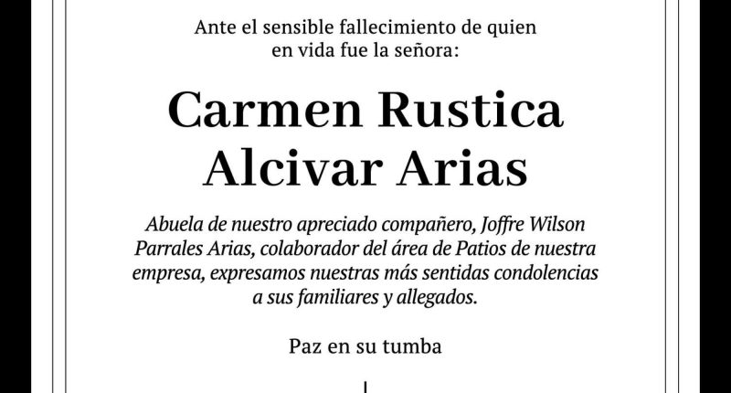 NOTA LUCTUOSA CARMEN RUSTICA ALCIVAR ARIAS – TPM – La Voz del Altiplano