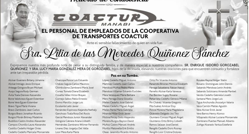 CONDOLENCIA COACTUR LILIA DE LAS MERCEDES QUIÑONEZ SANCHEZ – La Voz del Altiplano